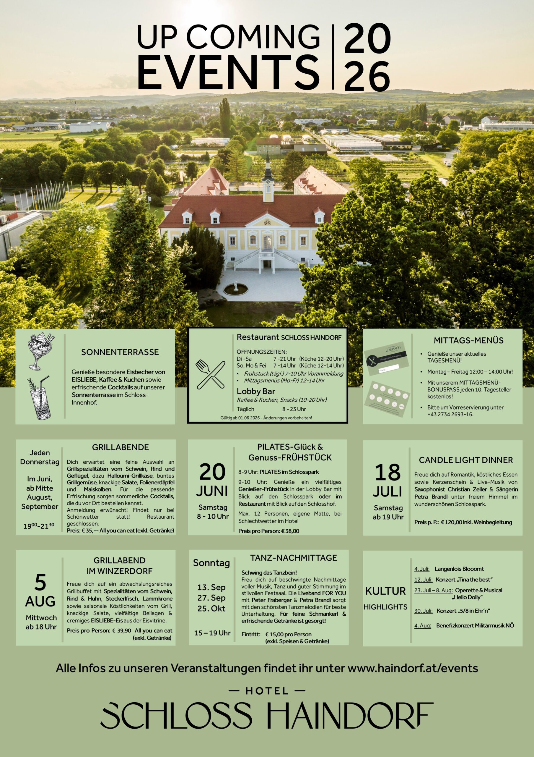 Veranstaltungsüberblick HOTEL SCHLOSS HAINDORF / RESTAURANT Schloss Haindorf 2026