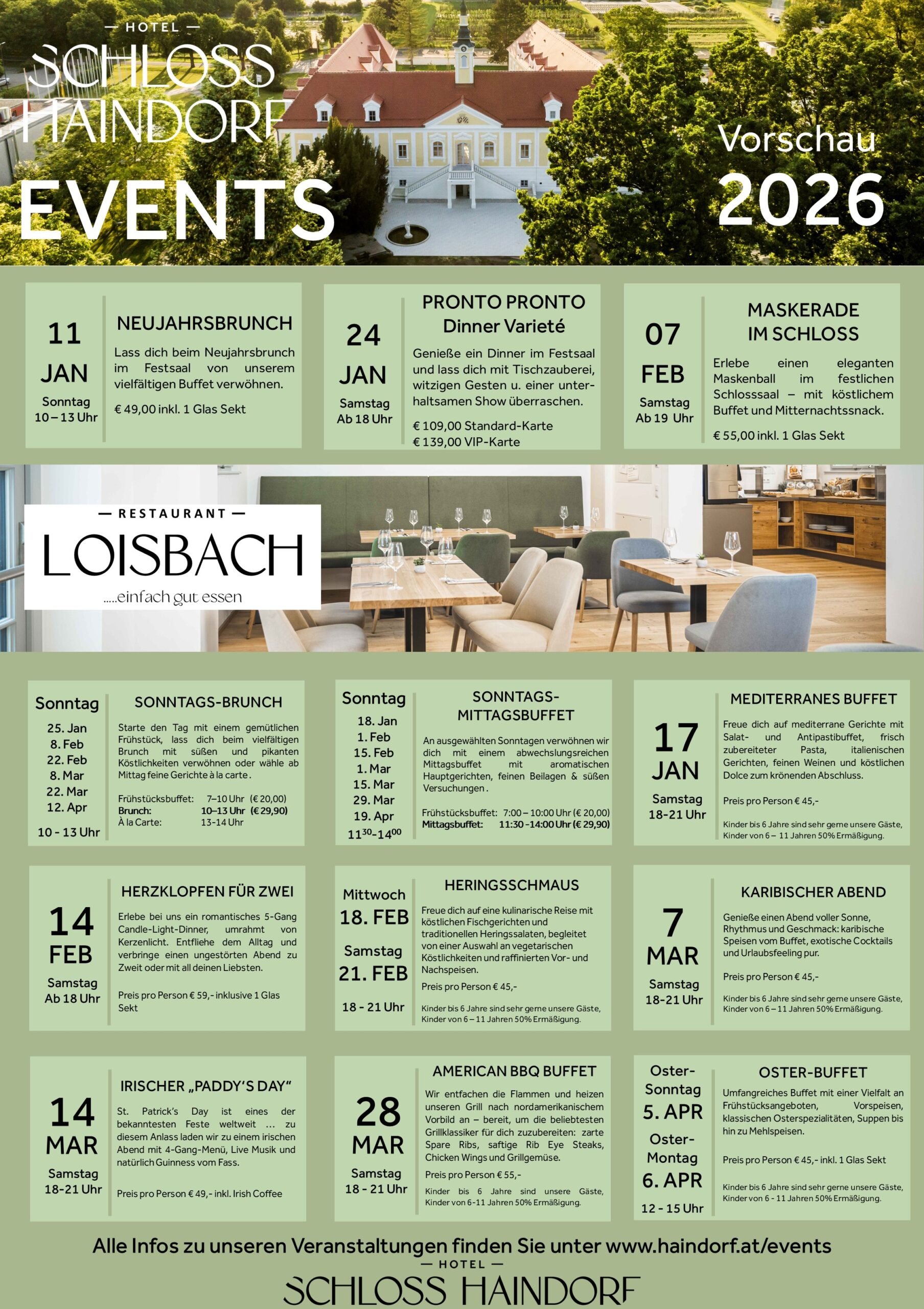 Veranstaltungsüberblick HOTEL SCHLOSS HAINDORF / RESTAURANT LOISBACH 2026