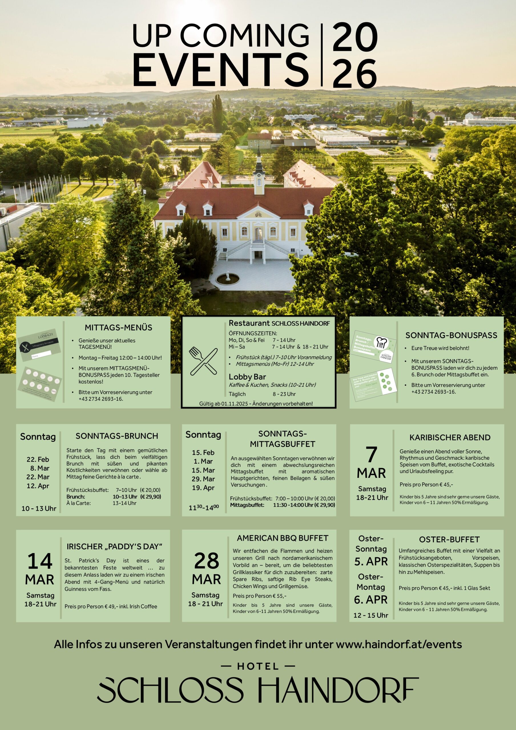 Veranstaltungsüberblick HOTEL SCHLOSS HAINDORF / RESTAURANT Schloss Haindorf 2026