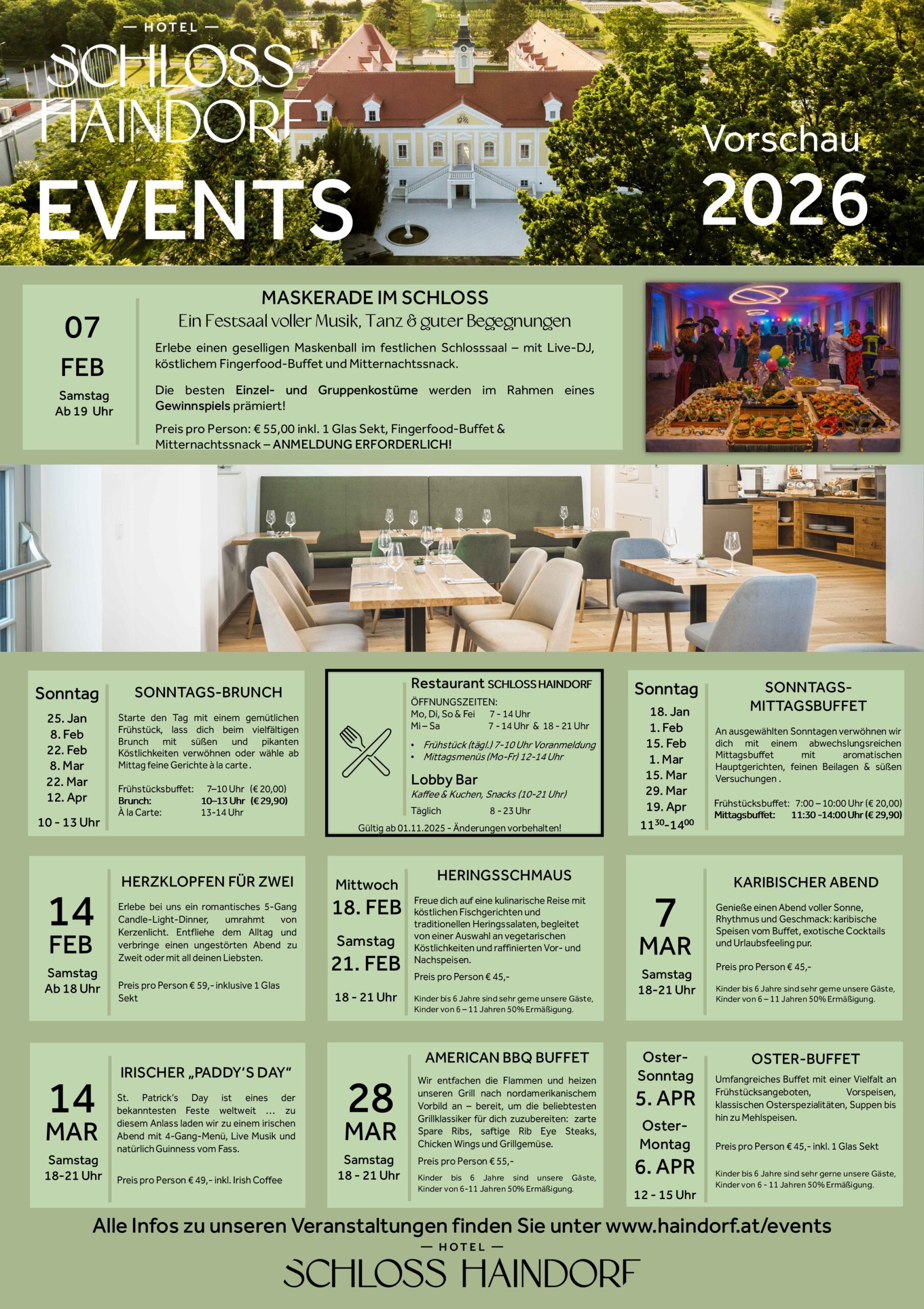 Veranstaltungsüberblick HOTEL SCHLOSS HAINDORF / RESTAURANT Schloss Haindorf 2026