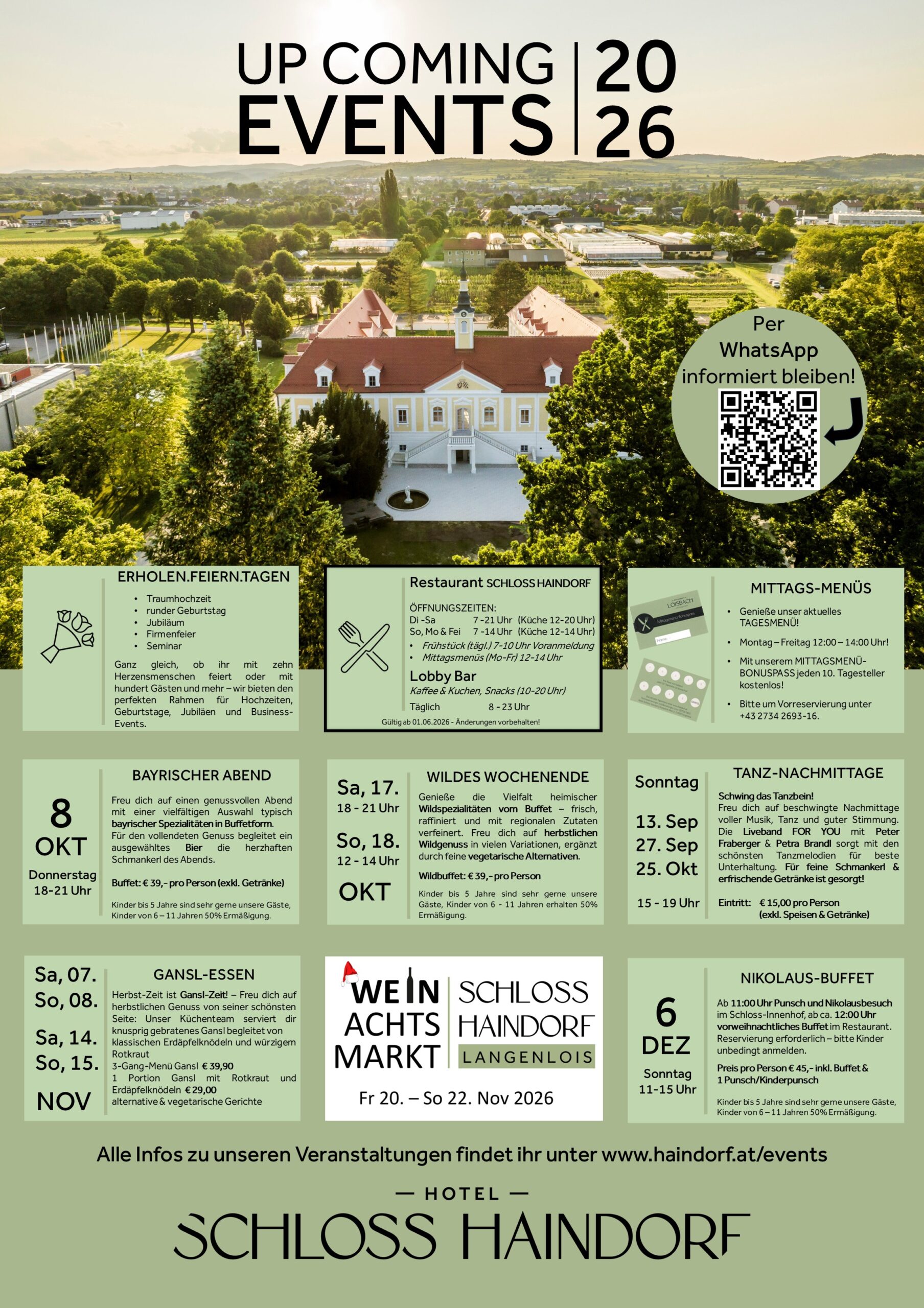 Veranstaltungsüberblick HOTEL SCHLOSS HAINDORF / RESTAURANT Schloss Haindorf 2026